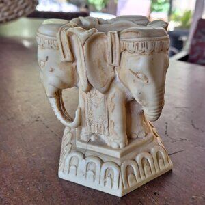 Interesting Vintage African Carved Stone Three Headed Elephant Candle Holder
